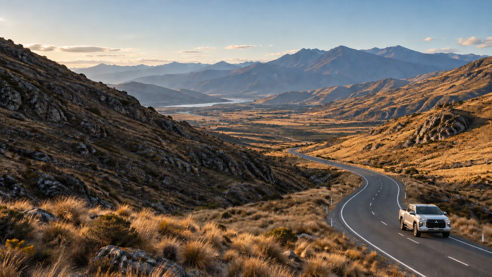 Illustrative white Mitsubishi Triton on a winding road through golden Central Otago hills