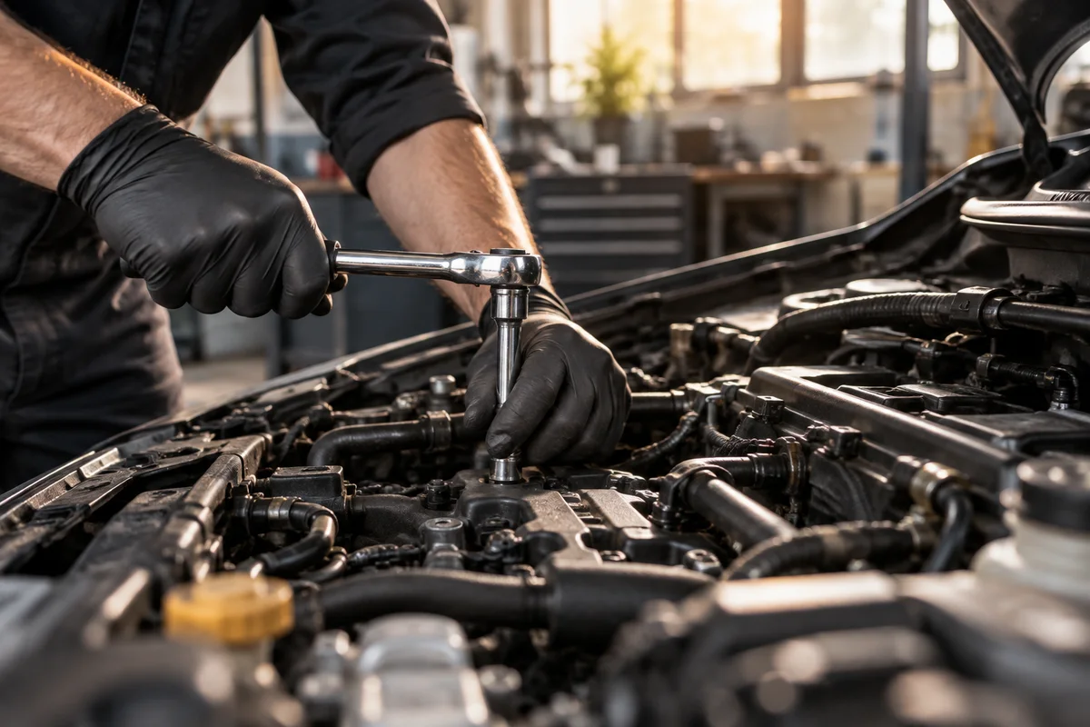 Illustrative mechanic working with tools in an engine bay